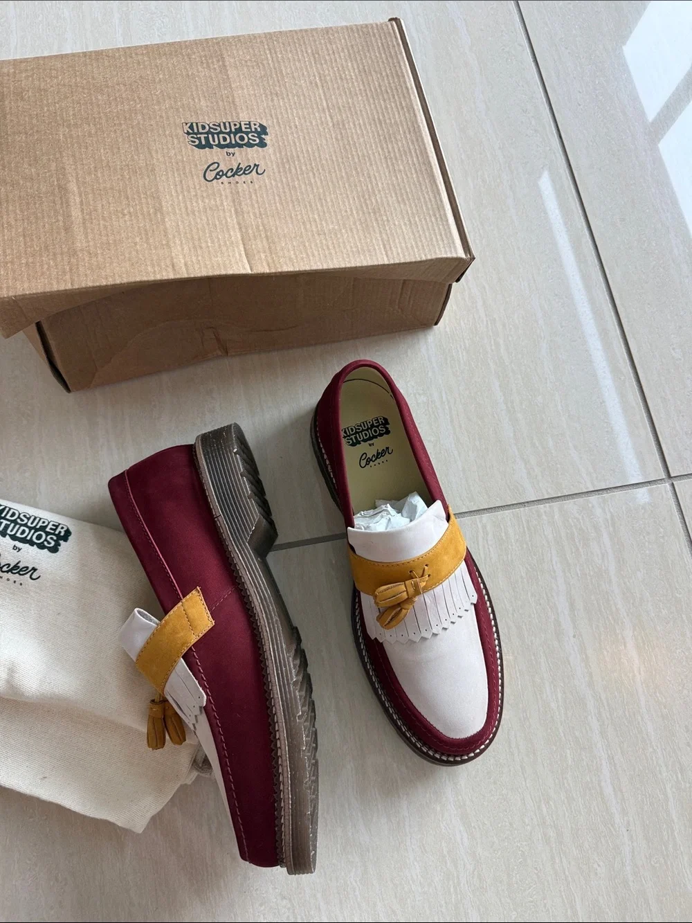 KIDSUPER STUDIOS x Cocker Colorblock Tassel Loafers - Burgundy, White & Mustard